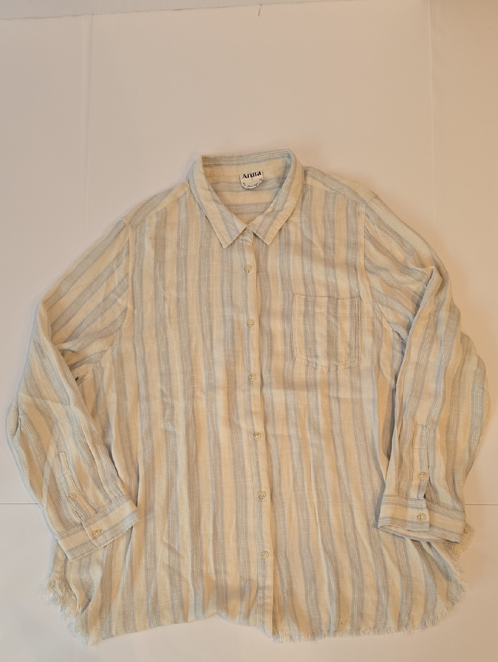 ARULA Women's Beige and Light Blue Striped Casual Button-Down Shirt BU3